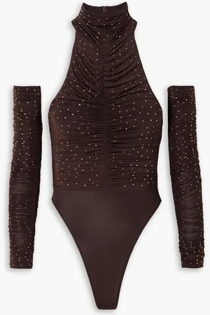 ALEX PERRY Arlie ruched crystal-embellished stretch-jersey turtleneck bodysuit and gloves set - Brown