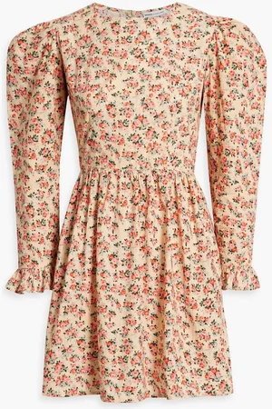 BATSHEVA Gathered floral-print cotton-poplin mini dress - Orange