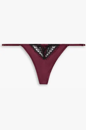 Kiki de Montparnasse Melanie lace-trimmed stretch-silk charmeuse thong - Burgundy