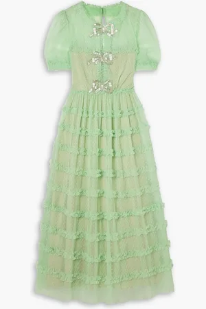 SALONI Camille tiered embellished flocked tulle midi dress - Green