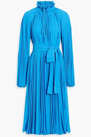 MONIQUE LHUILLIER Pleated belted crepe midi dress - Blue