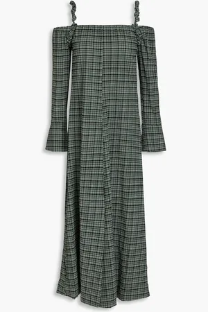 Ganni Cold-shoulder checked seersucker midi dress