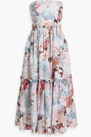Cara Cara Torres tiered floral-print linen midi dress - Blue