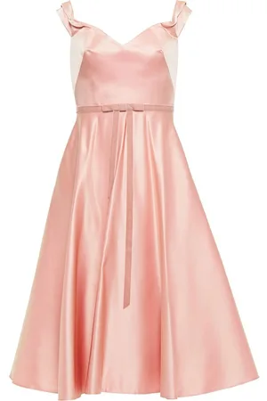 Marchesa Notte Flared bow-embellished satin gown - Pink
