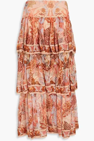 ZIMMERMANN Tiered printed silk-crepon midi skirt - Red