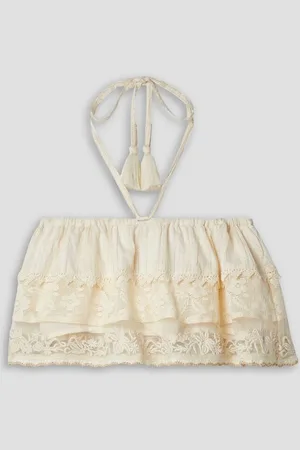 LOVESHACKFANCY Paulina cropped embroidered cotton-blend voile, tulle and crochet halterneck top - White