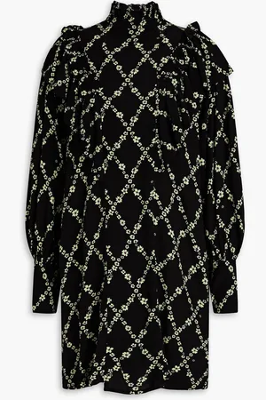 Ganni Ruffled floral-print crepe turtleneck mini dress