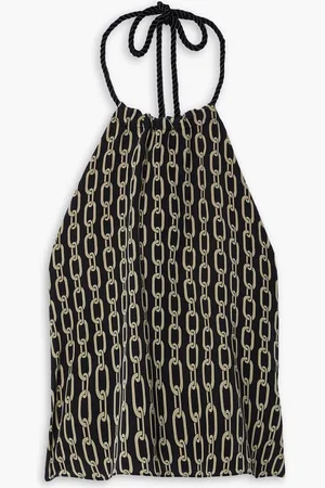 NILI LOTAN Anais cropped tasseled printed silk halterneck top
