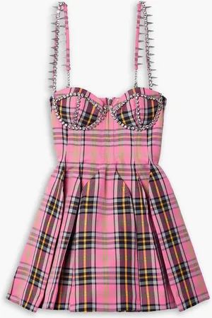 AREA Embellished pleated checked wool-blend mini dress