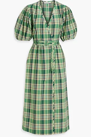 Derek Lam Tiana wrap-effect checked cotton-blend poplin midi dress - Green