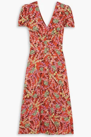SALONI Margot button-embellished printed crepe de chine midi dress - Orange