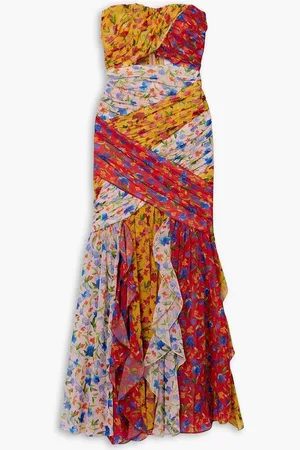 Carolina Herrera Strapless ruched cutout floral-print georgette midi dress