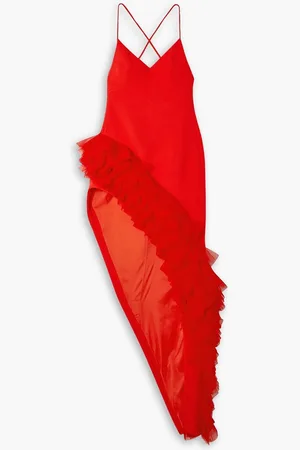 DAVID KOMA Asymmetric tulle-trimmed wool-crepe maxi dress