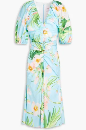 Carolina Herrera Ruched floral-print cotton-blend poplin midi dress - Blue