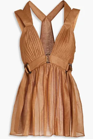 Alberta Ferretti Pintucked linen and silk-blend mini dress - Brown