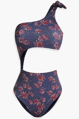 Eberjey Ibiza one-shoulder cutout printed stretch-piquè swimsuit - Blue