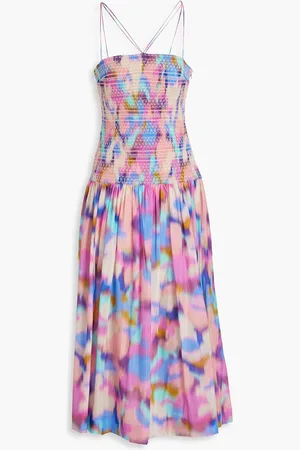 Nicholas Smocked printed cotton and silk-blend voile midi dress