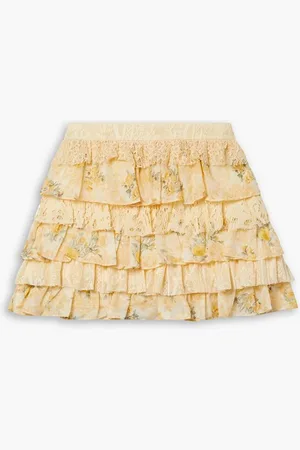 LOVESHACKFANCY Merlita ruffled floral-print lace and silk mini skirt - Yellow