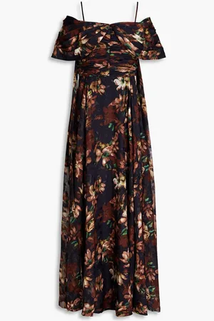 MIKAEL AGHAL Cold-shoulder floral-print fil coupé maxi dress - Blue