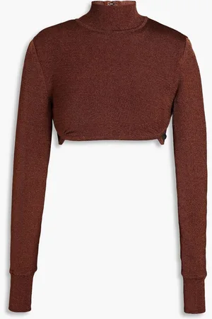 Hervé Léger Cropped satin-paneled knitted turtleneck top