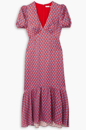 Rhode Ester gathered floral-print satin midi dress