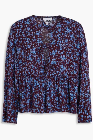 Ganni Gathered floral-print crepe top