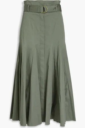 Another Tomorrow Belted cotton-blend twill midi skirt - Green