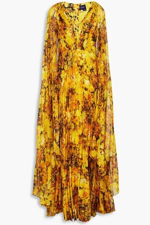 Marchesa Notte Cape-effect pleated floral-print chiffon gown - Yellow