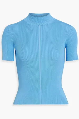 Oscar de la Renta Ribbed silk-blend turtleneck top - Blue