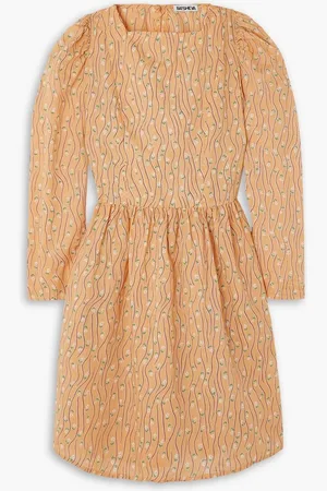 BATSHEVA Gathered floral-print cotton-poplin mini dress - Orange