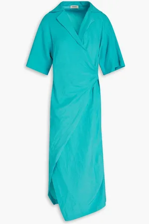Sandro Wrap-effect slub woven midi dress - Blue
