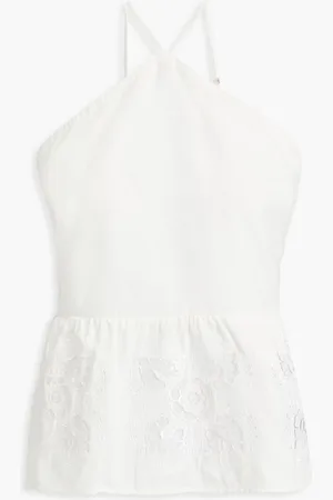 Joie Embroidered gathered cotton and linen-blend halterneck top - White