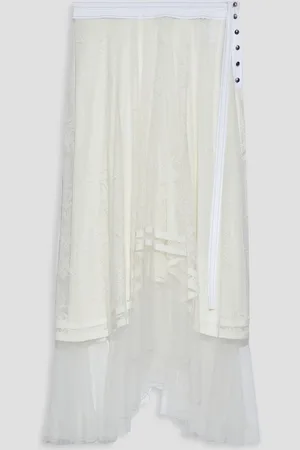 Chloé Asymmetric poplin-trimmed lace midi skirt - White