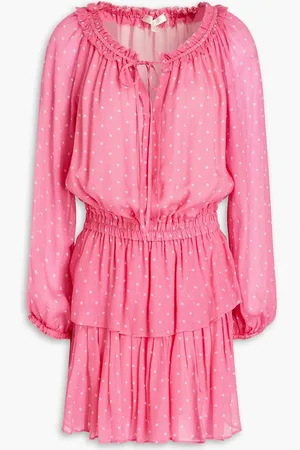 LOVESHACKFANCY Popover gathered polka-dot chiffon mini dress