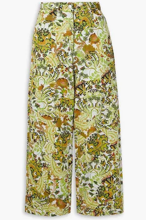 DRIES VAN NOTEN Cropped printed grain de poudre wide-leg pants - Green