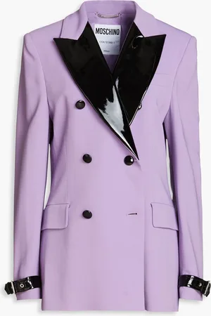 Moschino Double-breasted faux patent-leather trimmed crepe blazer - Purple