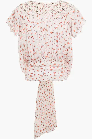 Chloé Tie-back gathered embellished floral-print silk-georgette top - Neutral