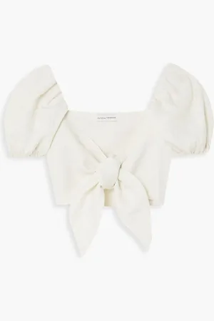 FAITHFULL THE BRAND Eva cropped tie-front linen top - White