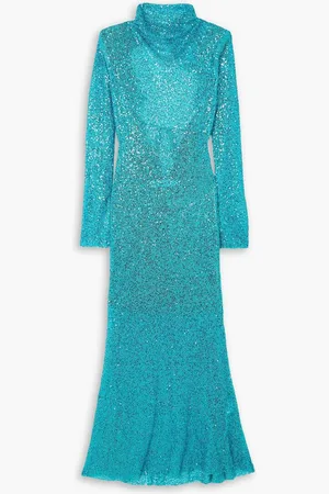Self-Portrait Open-back embellished metallic open-knit maxi dress - Blue