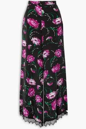RODARTE Lace-trimmed floral-print silk crepe de chine wide-leg pants