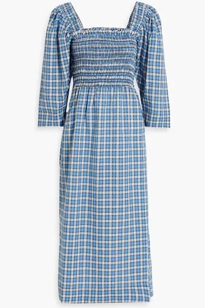 Ganni Shirred checked cotton-blend seersucker midi dress