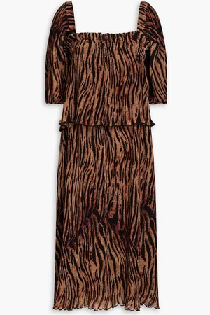 Ganni Layered tiger-print plissé-georgette midi dress