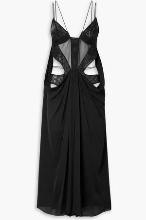 MUGLER Cutout tulle-trimmed crepe de chine midi dress