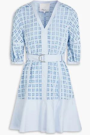 3.1 Phillip Lim Belted checked seersucker and taffeta mini dress - Blue