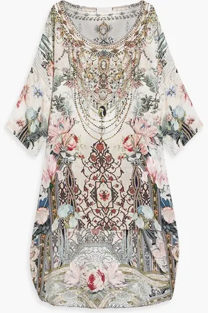 Camilla Cape-effect embellished printed silk de chine dress - Pink