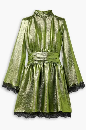 Dundas Lace-trimmed silk-blend lamé turtleneck mini dress - Green