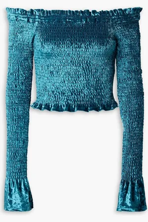Caroline Constas Megara off-the-shoulder shirred stretch-velvet top - Blue