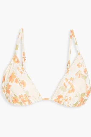 Peony Scalloped floral-print stretch-ECONYL triangle bikini top - Orange