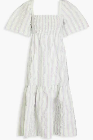 Ganni Striped cotton-blend seersucker midi dress - Green