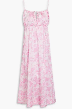 Ganni Tie-detailed printed silk-blend satin midi dress - Pink